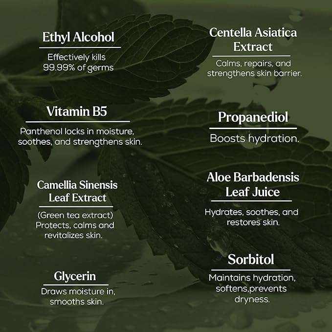 Hand Sanitizer + Serum™ | Solenne | Hydrating K-Beauty Formula with Centella, Vitamin B5 & Green Tea | Kills 99.9% of Germs | Fresh Scent with Lavender, Geranium & White Musk | 650 Sprays