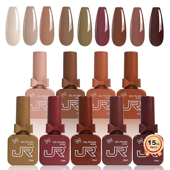 JR 9 Colors 0.5oz Brown Gel Nail Polish Set Bow Bottle Design Nude Gel Polish Kit UV LED Soak Off Polish Home DIY Gift Fall Gel Polish Series