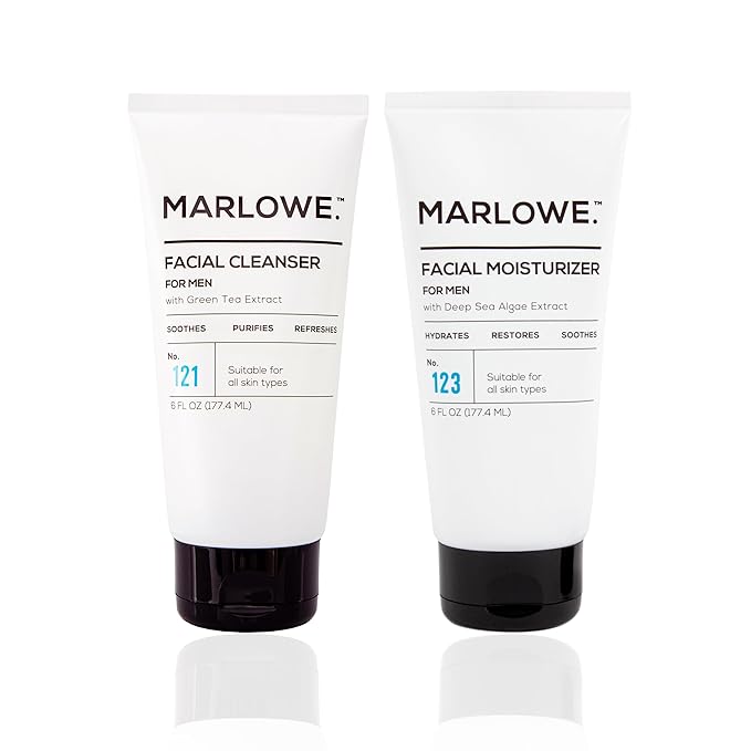 MARLOWE. Face Cleanser & Moisturizer Skin Care Duo, No. 121 Facial Cleanser 6 oz & No. 123 Facial Moisturizer 6 oz with Green Tea & Deep Sea Algae Extracts, Purifies, Hydrates, Refreshes & Soothes