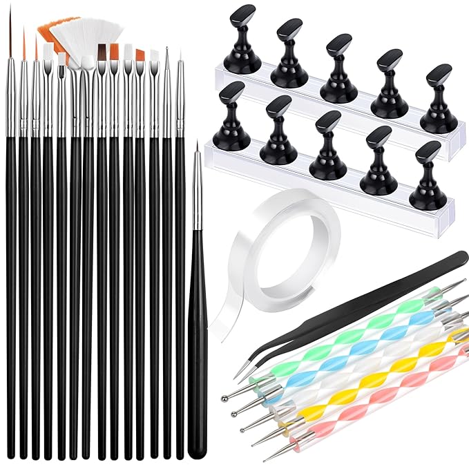 FANDAMEI Nail Art Tools, Nail Brush, 15 PCS Nail Art Brushes, 5 PCS Nail Dotting Tool, Nail Stand, Nail Holder For Painting Nails, Nail Tools, Nail Design Tools, Black