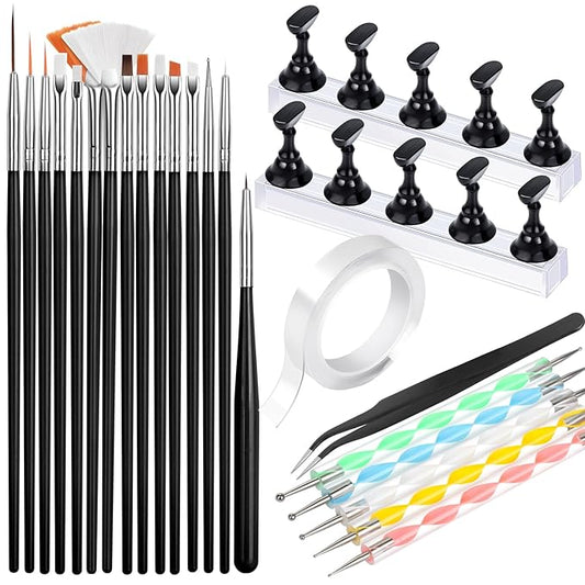 FANDAMEI Nail Art Tools, Nail Brush, 15 PCS Nail Art Brushes, 5 PCS Nail Dotting Tool, Nail Stand, Nail Holder For Painting Nails, Nail Tools, Nail Design Tools, Black