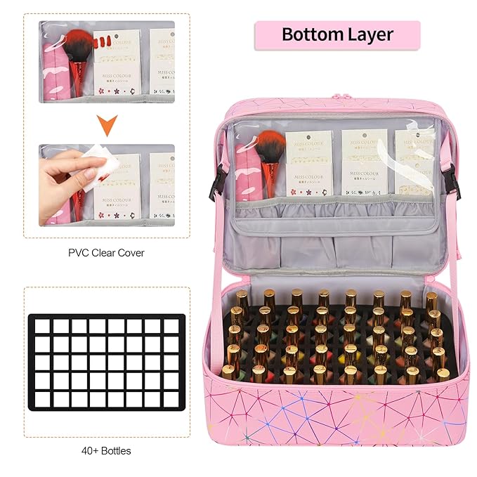 Ethereal Nail Polish Organizer Case Holds 50+ Bottles (5ml/0.5fl.oz) and Nail Lamp, Leather Nails Storage Organizer with Compartment, Diamond Pink