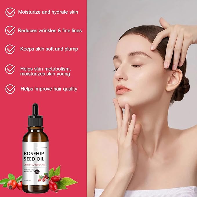 Rosehip Seed Oil for Face, 100% Organic Cold Pressed Rosehip Oil, Rose Hip Seed Oil Moisturizer Skin Face, Hair, Nails and Body, Anti-Aging, Smooth Fine Line & Wrinkle, 30ml