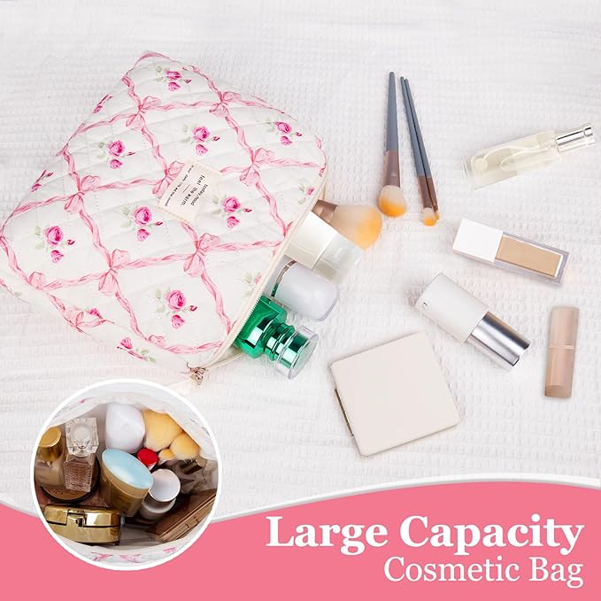2PC Makeup Bag Set, Cute Cosmetic Bag for Women Girls, Floral Coquette Aesthetic Toiletry Bag, Travel Make Up Organizer Bag (Little Pink Butterfly)