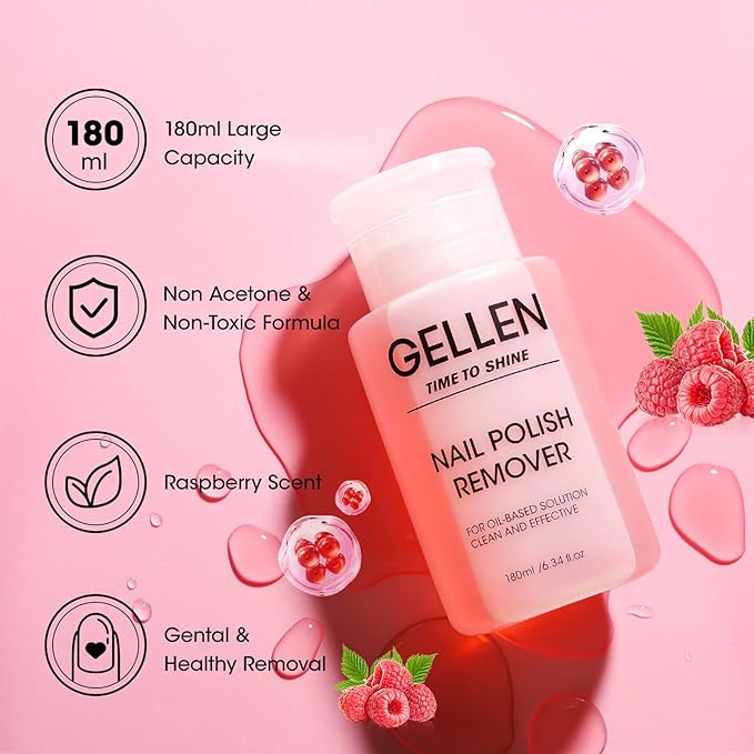 Gellen Nail Polish Remover Raspberry Scent, Acetone Free Nail Polish Remover for Quick Dry Nail Polishes, Gentle Nail Polish Removal Pump with Vitamin E, Fingernail Polish Remover 6.09 Fl Oz