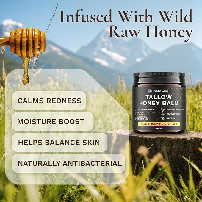 Organic Beef Tallow for Skin Face - Tallow and Honey Balm for Face - Whipped Grass-Fed Moisturizer with Raw Honey & Beeswax - Hydrating Body Cream for Dry, Cracked and Sensitive Skin