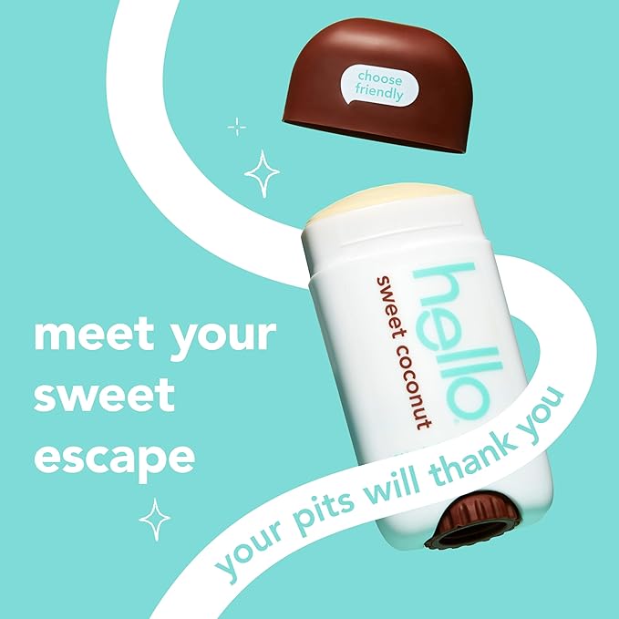 hello Sweet Coconut Aluminum Free Deodorant for Women and Men with Shea Butter, 24-Hour Freshness, Baking Soda Free Deodorant, Dermatologically Tested, 2.6 oz Stick (2 Pack)