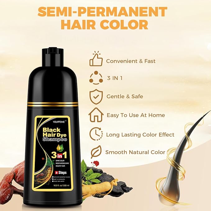 Black Hair Dye Shampoo 3 in 1 for Gray Hair Coverage, Hair Color Shampoo for Women Men, Herbal Ingredients Champu Para Pintar el Cabello (16.9 Oz)