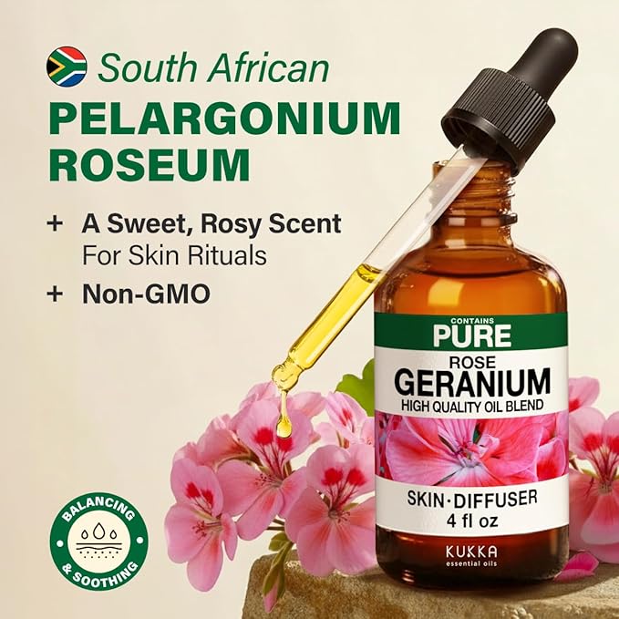 KUKKA Rose Geranium Essential Oils - 4 Fl Oz - for Hair, Skin, Diffuser, Aromatherapy & DIY Soap Making Scent