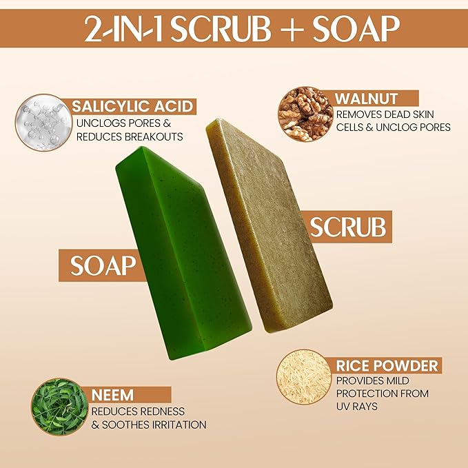 Scrub Soap with Salicylic Acid & Neem – Exfoliating Body & Face Soap – Enriched with Niacinamide, Tea Tree Extract, Neem, Salicylic Acid Pack of 3 (110g/3.88Oz each)