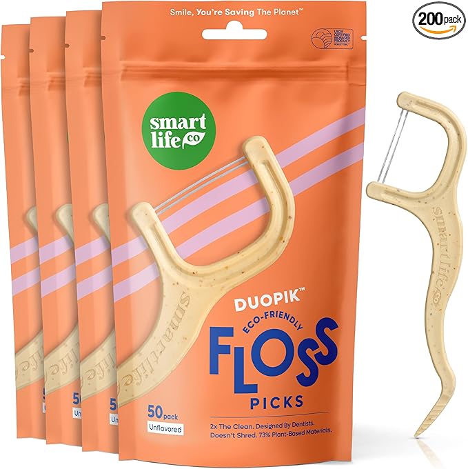 SmartLifeco Eco-Friendly Dual-Thread Dental Floss Picks (200ct) - Flossers Made with Straw Wheat Blend, Superior Anti-Shred for Tight Gaps, Tooth Pick Stick for Adults, Soft on Gum & Teeth, Unflavored