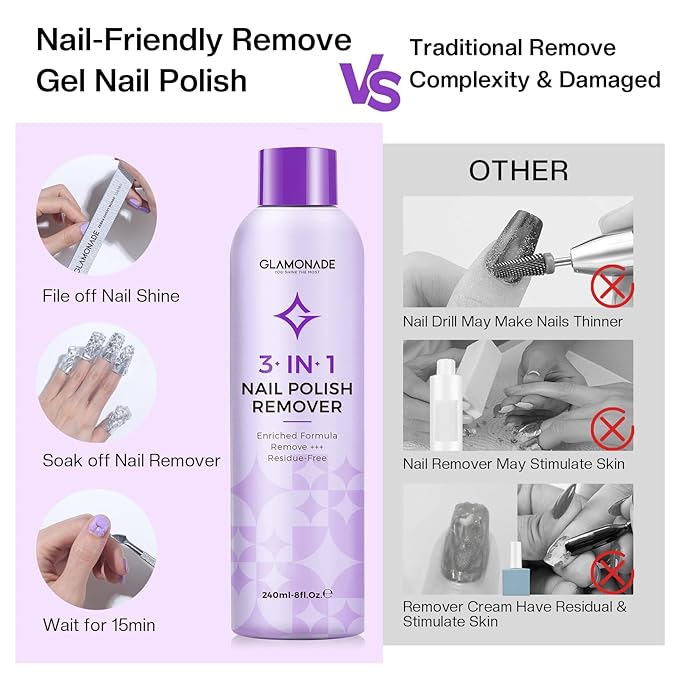 Acetone Nail Polish Remover: Professional Soak off Gel Nail Polish Remover Enriched with Natural Grape Seed Oil 8 Fl Oz for Gel Acrylic Nail Glue Dip Powder for Home Salon