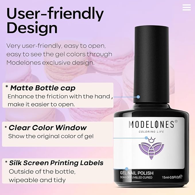 modelones Pastel Gel Nail Polish, 15 ML Purple Gel Polish Lavender Periwinkle Nail Polish Soak Off U v LED Pale Macaron Colors Summer Nail Art DIY Manicure at Home Gift for Women