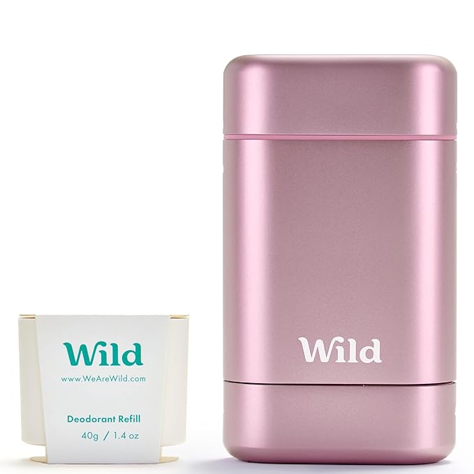 Wild - Refillable Deodorant Starter Kit with Pink Case and Fresh Cotton & Sea Salt Scented Refill 1.4oz - Aluminum Free - Long Lasting Protection - Vegan