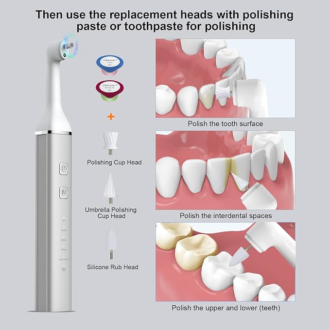 Tooth Polisher and Plaque Remover, Teeth Cleaning Tools for Cleaning and Polishing of Tooth, Dental Cleaning Tools for Brighten and Polish Teeth with 5 Brush Heads, 4 Speed Modes and 3 Polish Pastes