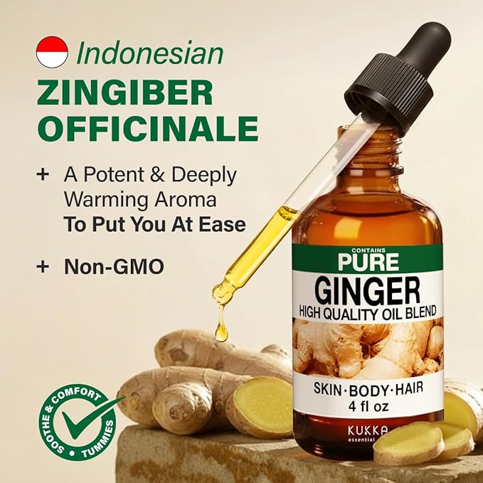 KUKKA Ginger Essential Oils - 4 Fl Oz - for Hair, Skin, Diffuser, Aromatherapy & DIY Soap Making Scent