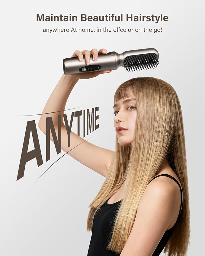 Cordless Hair Straightener Brush, 2 in 1 Curling & Straightening Brush with 200 Million Negative Ions, Mini Travel Hot Straightener Comb for Women, Fast Heating & Dual Voltage