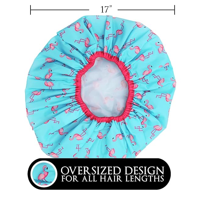 Reusable Shower & Bath Cap & Lined, Oversized Waterproof Shower Caps Large Designed for all Hair Lengths with PEVA Lining & Elastic Band Stretch Hem Hair Hat - Fashionista Flamingo Party