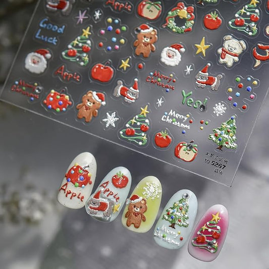 Christmas Nail Art Stickers 5D Diamond Xmas Nail Decals 1PCS Xmas Trees Apple Santa Claus Bear Christmas Nails Design Cute Holiday Nail Stickers Nail Art Supplies for Women DIY Manicure Decorations