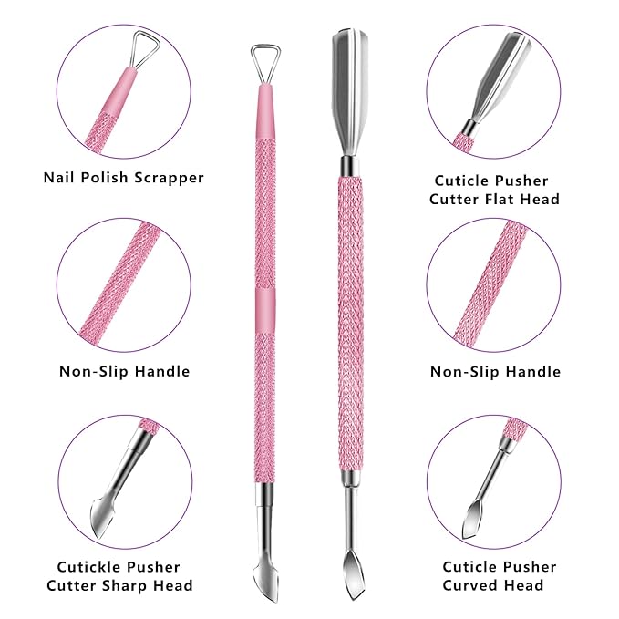 Cuticle Trimmer with Cuticle Pusher and Scissors, Cuticle Remover Professional Durable Pedicure Manicure Tools, Stainless Steel Cuticle Nipper Cutter Clipper for Fingernails and Toenails (Pink)