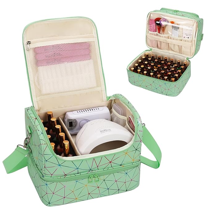CUBETASTIC Nail Polish Organizer, Cute Nail Tech Organizers And Storage Bag Holds 45 Bottles & UV Nail Lamp, Compact Double-Layer Travel Nail Supplies Case for Nail Kit (Triangle Green, 45 Slots)