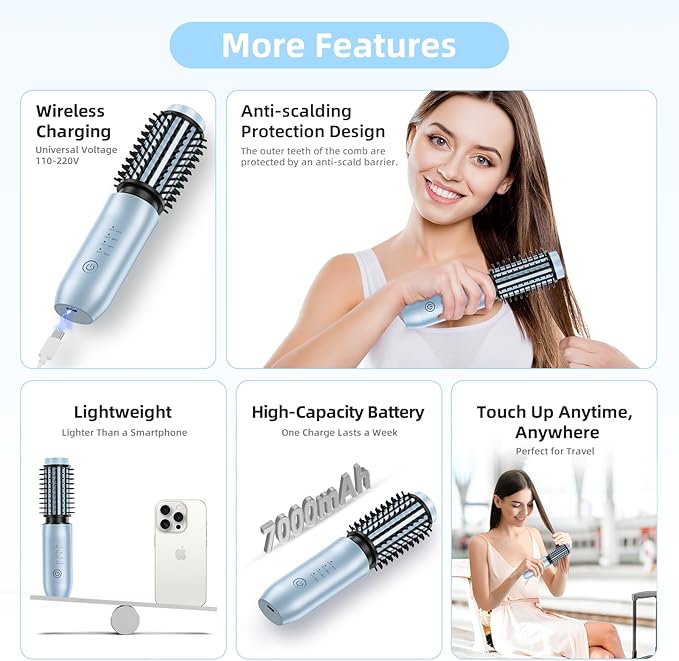 CARESKY® Cordless Curling Iron Brush, 1.5 Inch Mini Travel Hair Curler with 200 Million Negative Ions, Portable Heated Round Straightener Brush Rechargeable for Curl, Touch-Up, De-Frizz, Styling