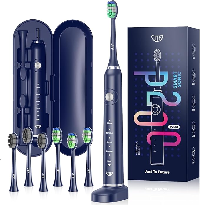 JTF Sonic Electric Toothbrush for Adults - Fast Rechargeable Toothbrush with Travel Case and 6 Brush Heads, 5 Modes Smart Toothbrushes, Navy Blue