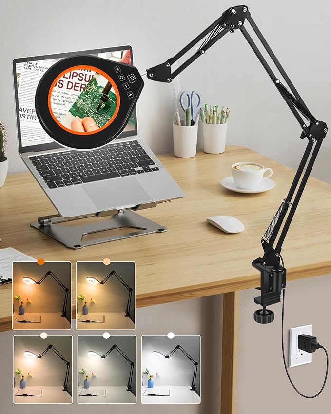 10X & 5X Magnifying Glass with Light, Ultra Long Swing Arm, 5 Colors & 10 Brightness, Real Glass Lens Large Magnifying Lamp for Craft Painting Workbench Jewelry Making Hobby Close Work (Orange)