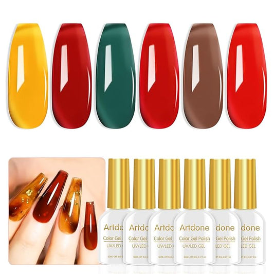 Artdone Sheer Gel Nail Polish Set Jelly UV Gel 6 Colors Translucent Amber Nude Brown Colors Nail Polish For All Seasons Neutral Soak off LED Lamp Gel Manicure Kit For Nail Art