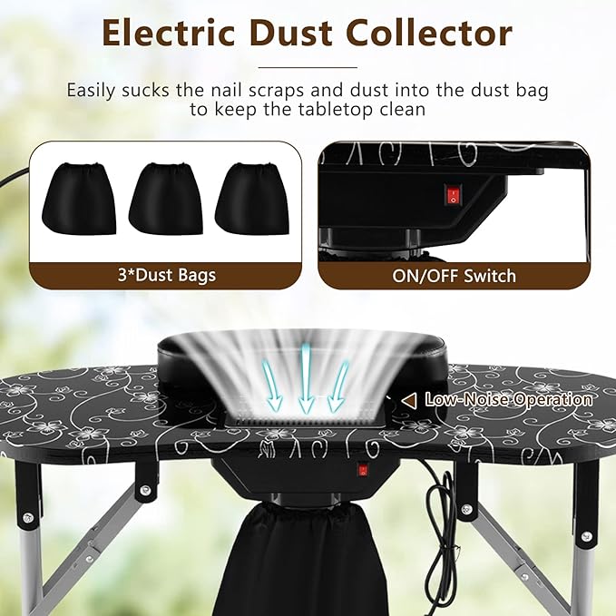 S AFSTAR Portable Nail Table, 35" Foldable Manicure Table with Electric Dust Collector, Bendable LED Lamp, Carry Bag & 4 Lockable Wheels, Professional Nail Desk Nails Salon Station (Black)