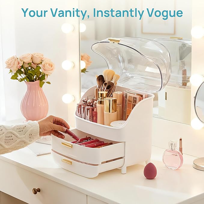 Vtopmart 3-Tier Skincare Makeup Organizer with Drawers and Lid for Vanity and Bathroom Countertop, Large Cosmetic Storage Box Case for Dresser, with Non-Slip Base