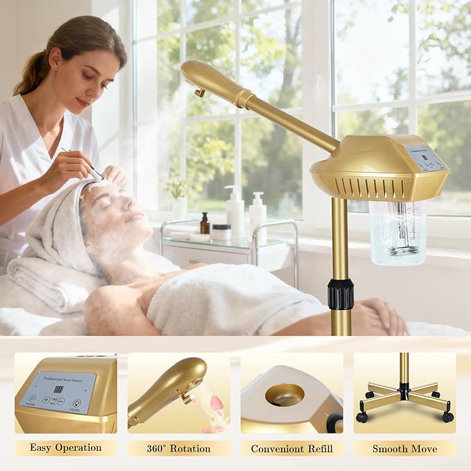 Facial Steamer Professional with More Steam for Deep Cleansing and Hydration, Steamer for Facial with Time Setting, Face Steamer Adjustable Height for Beauty, Spa and Home Use, Gold