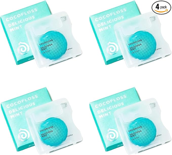 Cocofloss Woven Dental Floss, Dentist-Designed Oral Care, Mint, Waxed, Expanding, Vegan, Kid-Friendly String Floss with Coconut Oil, 4 Spools (33 yd Each)