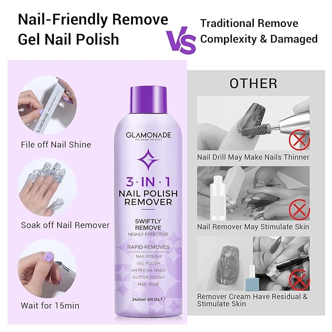 Acetone Nail Polish Remover Kit: Manicure Kit Includes Nail File and Nail Buffer Block, Soak off Gel Polish Remover for Gel Acrylic Glitter Nail Glue for Home Salon(8 Fl.Oz.)