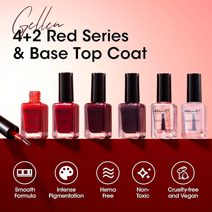 GELLEN Dark Red Nail Polish & Base Top Coat, Deep Burgundy Cherry Wine Blood Red 4 Colors Set, Quick Air Dry Regular Nail Polish for Women Gifts Home Salon Nails, Not UV Gel, Hema Free, Non-toxic
