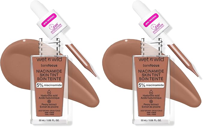 wet n wild Bare Focus Skin Tint, 5% Niacinamide Enriched, Buildable Sheer Lightweight Coverage, Natural Radiant Finish, Hyaluronic & Vitamin Hydration Boost, Cruelty-Free & Vegan - Deep Brown