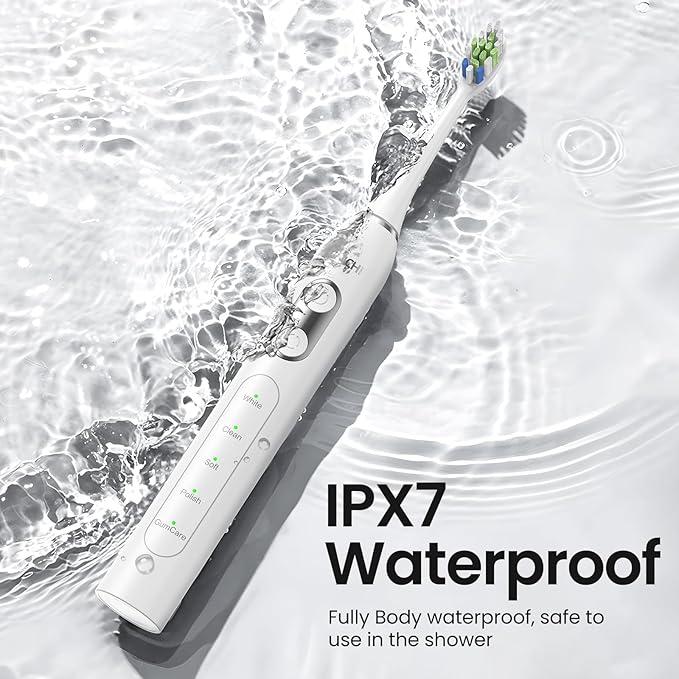 YUNCHI Sonic Electric Toothbrush for Adults Teens, Rechargeable Battery Toothbrush with 8 Brush Heads, 90 Days, 44000 VPM Powerful Motor, 5 Models & 2 Minutes Built in Smart Timer, Travel Case,White