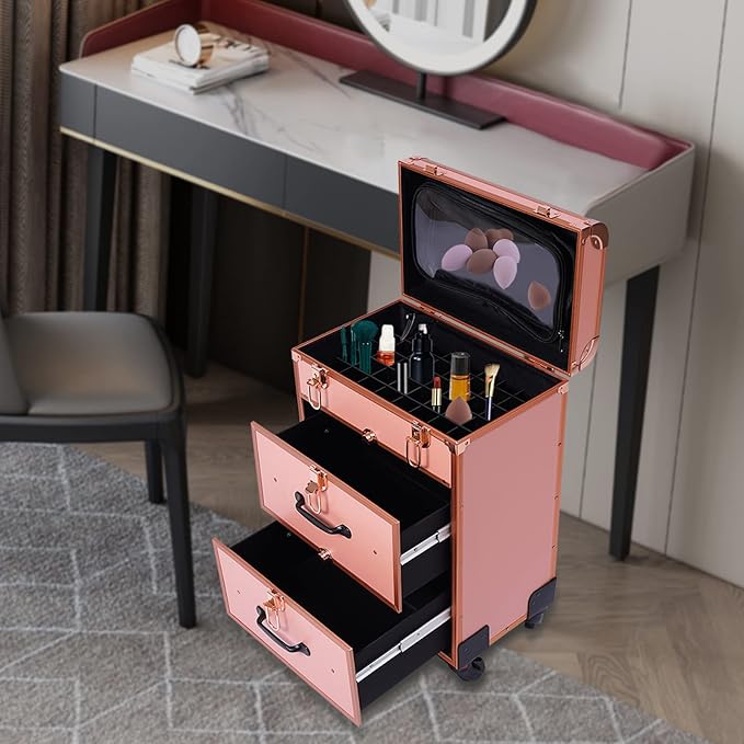 Cosmetic Train Case,Makeup Organizer Travel Case with Multiple Compartments,Rolling Makeup Case,Professional Makeup Case with Wheels for Make-up Artists,110.23Lbs Load-Bearing