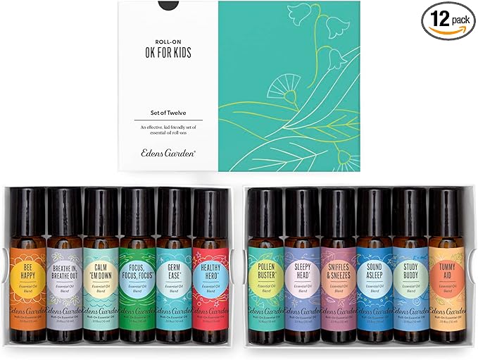 Edens Garden OK For Kids Essential Oils Roll-On 12 Set – 100% Pure Therapeutic Grade, Pre-Diluted Aromatherapy Blends for Calming & Gentle Skin Care – Natural & Family Friendly, Roll-On 10 ml/ 12 Pack
