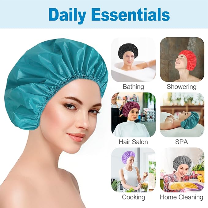 6 PCS Shower Caps for Women, Double Side Waterproof Shower Cap, Reusable Elastic Bath Caps for Shower, EVA Bathing Shower Caps, Bath Hair Caps - Black+Plum+Teal+Red+Lavender+Gray