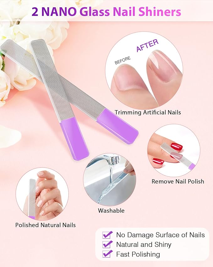 Glass Nail File and Nail Shiner, 4PC Crystal Nail File and Nano Glass Nail Buffer, Premium Set with Case, Professional Manicure Tool Fingernail Czech File for Natural Nail, Gift for Women and Girls