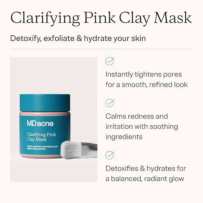 MDacne Clarifying Clay Face Mask - Deep Pore Detox with Australian Pink Clay - Detoxifying, Exfoliating & Brightening - Reduce Skin Redness & Irritation for Sensitive Acne-Prone Skin (1 Pack)