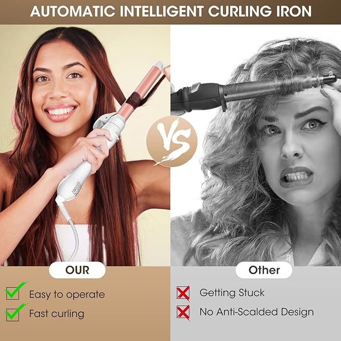 Rotating Automatic Curling Iron for Waves-Curling Wand for Long Hair, Extra Long Barrel Ceramic Hair Curler for Women,Dual Voltage, 5 Temps & 30s Heat-up (Rose Gold, 1 inch)