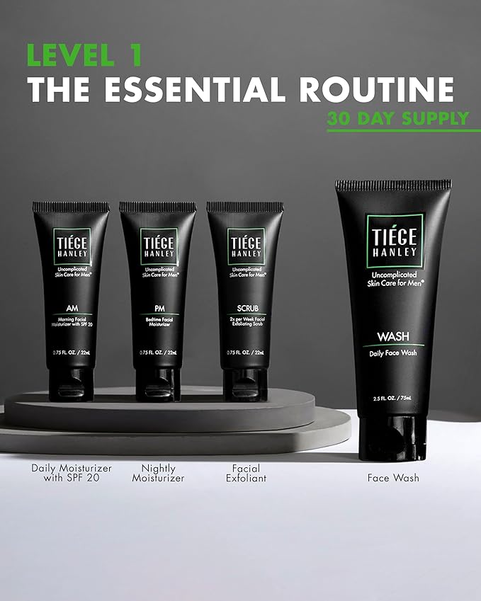 Tiege Hanley Skin Care Set for Men, Essential Routine, System Level 1, Daily Face Wash, Facial Scrub, Moisturizer With SPF, and Night Cream for Healthy, Hydrated Skin, Men’s Skin Care, 4 Piece Kit