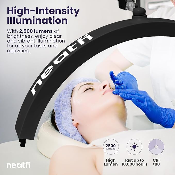 Neatfi Half Moon Swing Arm Table Lamp, 2500 Lumens, CCT Dimming, 5 Light Modes, Professional LED Lighting for Estheticians, Ideal for Nail Art, Facials, and Tattoos (with Base and Clamp, Black)
