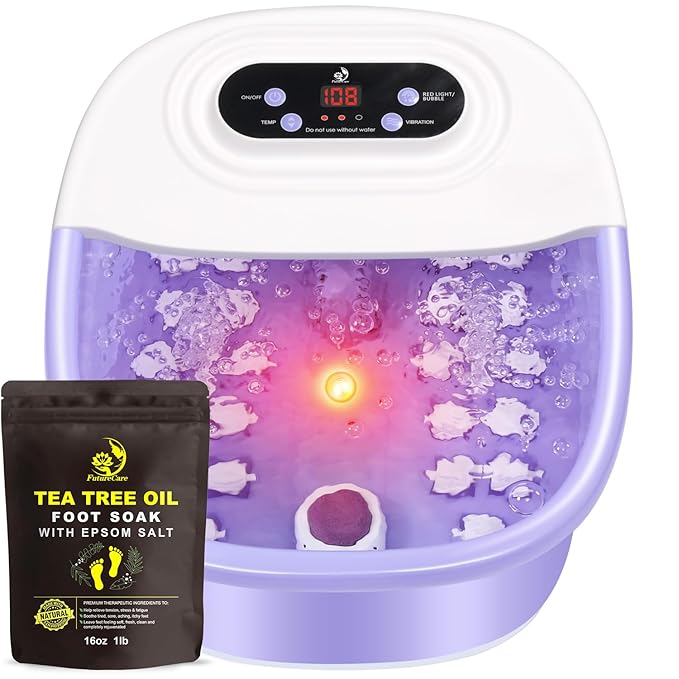 Foot Spa Bath Massager with Heat Bubbles and Vibration Massage and Jets, 16 OZ Tea Tree Oil Foot Soak Epsom Salt, Foot Soaker with Red Light, 22 Massage Rollers, Adjustable Temp -Purple