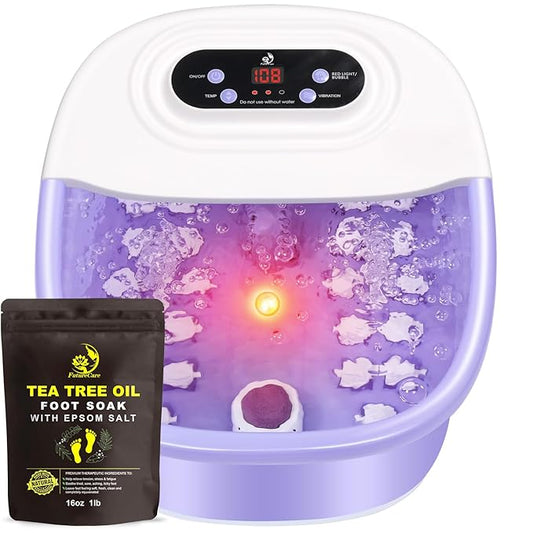 Foot Spa Bath Massager with Heat Bubbles and Vibration Massage and Jets, 16 OZ Tea Tree Oil Foot Soak Epsom Salt, Foot Soaker with Red Light, 22 Massage Rollers, Adjustable Temp -Purple