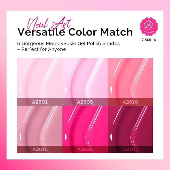 MelodySusie Bright Pink Gel Nail Polish Set - 6 Colors Nude Pink Neon Pink Purple Soak Off UV LED Gel Polish Gift for Women Nail Art Manicure Salon DIY Nail Design Decoration at Home