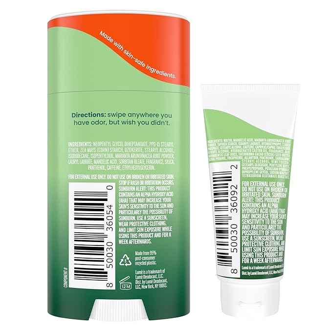 Lume Whole Body Deodorant - Invisible Cream Tube Mini and Solid Stick - 72 Hour Odor Control - Aluminum Free, Baking Soda Free, Skin Safe - 0.5 Oz Mini Tube + 2.6 Oz Solid Stick (Fresh Alpine)