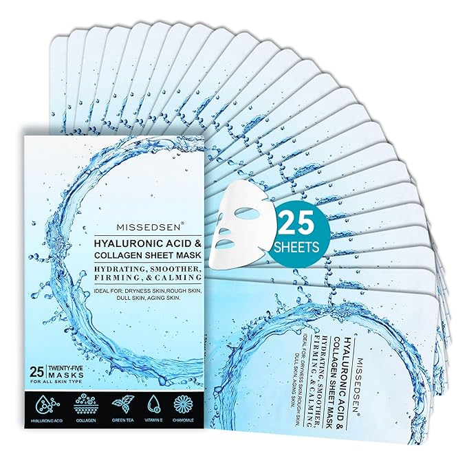 Collagen Face Mask with Hyaluronic Acid, Vitamin E Oil for Skin Care Hydrating, Moisturizing, Brightening & Anti Aging Face Masks Skincare for Oil, Dry, Acne, Sensitive All Skin Types 25PCS